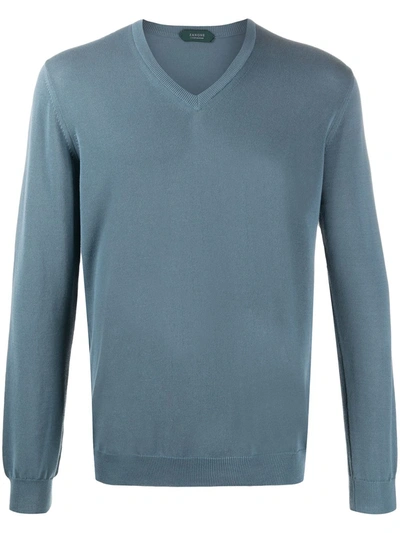 Zanone V-neck Cotton Jumper In Blue