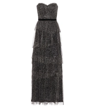 Marchesa Notte Strapless Glittered Tulle Gown In Black