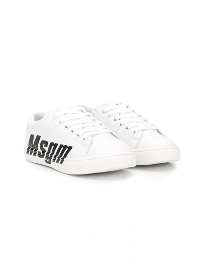 Msgm Kids' Logo Print Leather Lace-up Sneakers In White