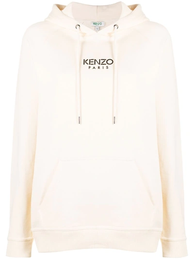 Kenzo Logo Print Cotton Hoodie In Neutrals