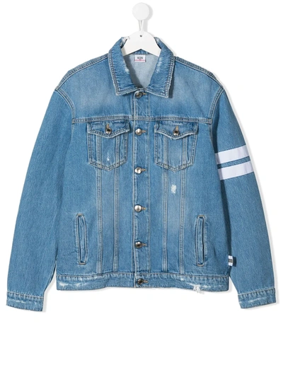 Gcds Kids' Stripe Detail Distressed Denim Jacket In Blue