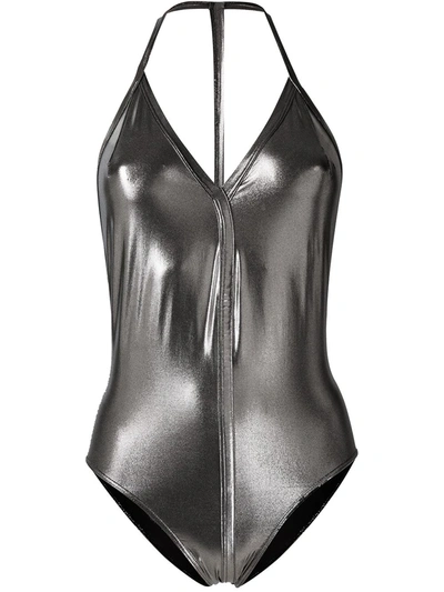 Rick Owens Silver Metallic Deep V-neck One-piece Swimsuit In Lame'