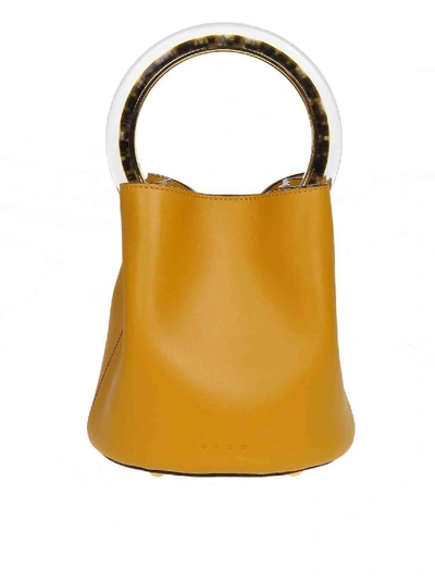 Marni Handbag Pannier In Ocher Yellow Leather Circular Handle In Resin And Metal