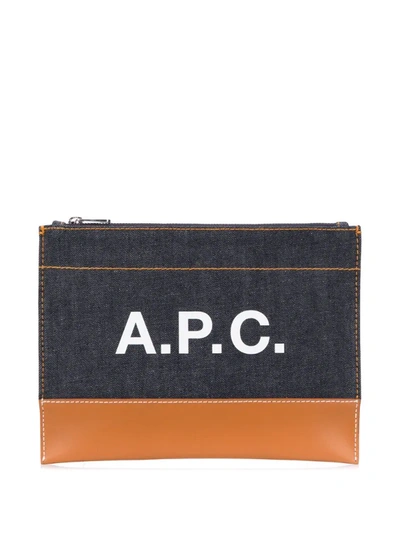 Apc Logo Denim Zipped Clutch In Blue