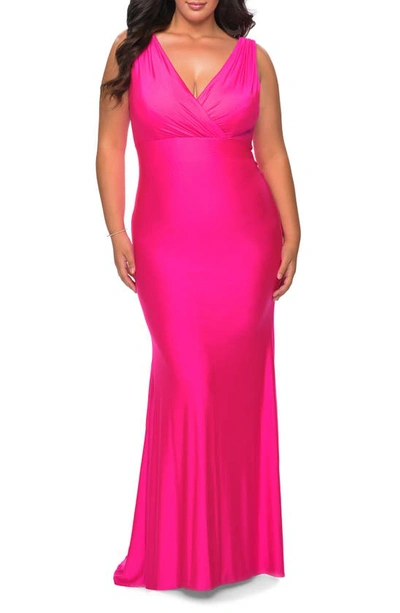 La Femme Plus Size V-neck Sleeveless Jersey Gown In Neon Pink