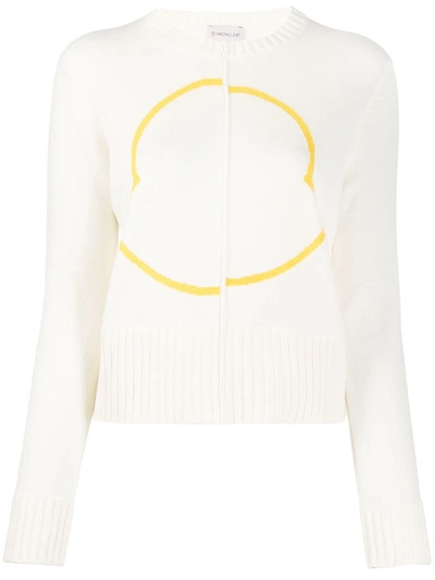 Moncler Logo Print Ribbed Crew Neck Jumper In White