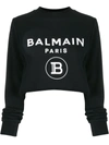 Balmain Cropped Flocked Cotton-fleece Sweatshirt In Black