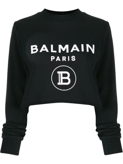 Balmain Cropped Flocked Cotton-fleece Sweatshirt In Black