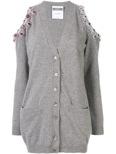 Moschino Cold-shoulder Embellished Cardigan In Grey