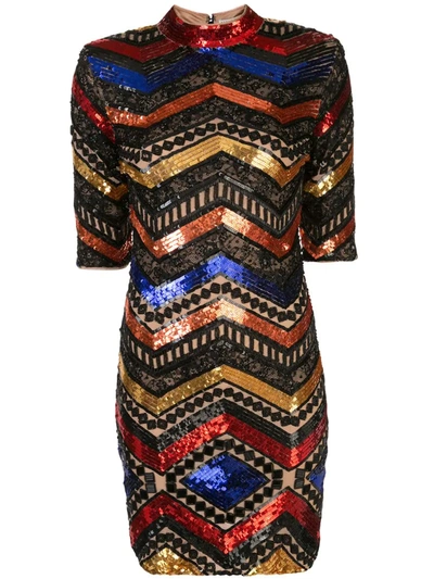 Alice And Olivia Contrast Panel Sequin Embroidered Dress In Nude Multi