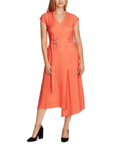Vince Camuto Satin Jacquard Stripe Belted Dress In Bright Coral