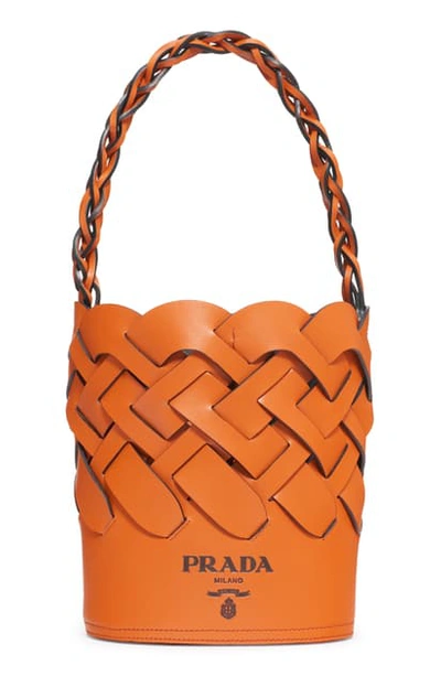 Prada Intreccio Calfskin Leather Bucket Bag In Papaya/ Nero