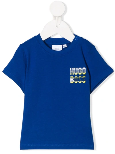 Hugo Boss Babies' Logo Print Side Buttoned T-shirt In Blue