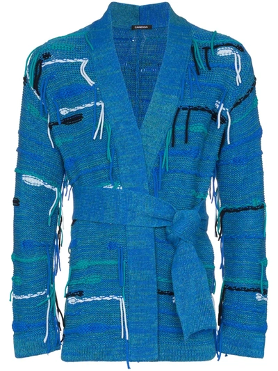 Canessa Belted Fringed Cashmere-blend Cardigan In Blue