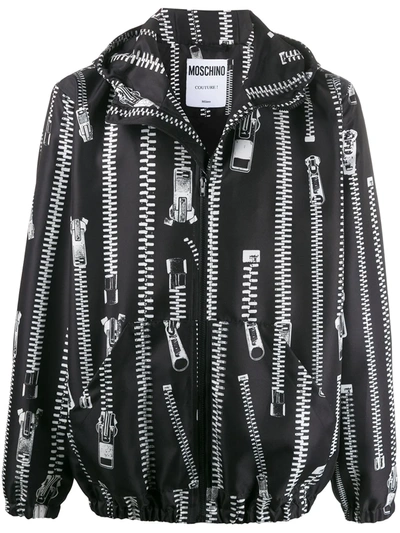 Moschino Zip Print Hooded Jacket In Black