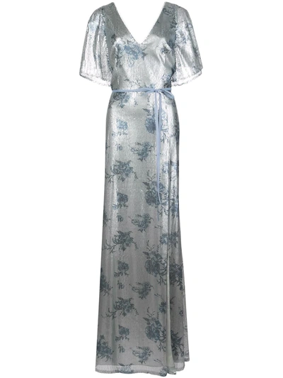 Marchesa Notte Bridesmaid Floral-printed Sequin Gown In Blue