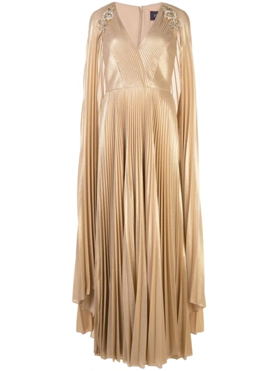 Marchesa Notte Pleated Cape Detail Kaftan Gown In Gold