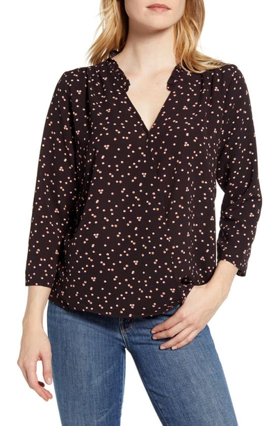 B Collection By Bobeau Ruffle Neck Faux Wrap Blouse In Small Dot Chocolate