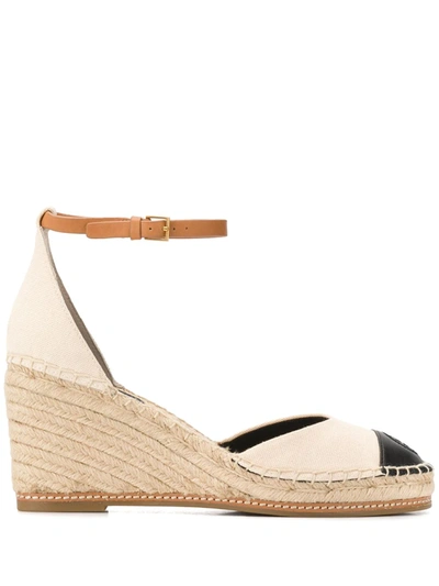Tory Burch Colorblock Ankle-strap Wedge Espadrilles In Cream/perfect Black