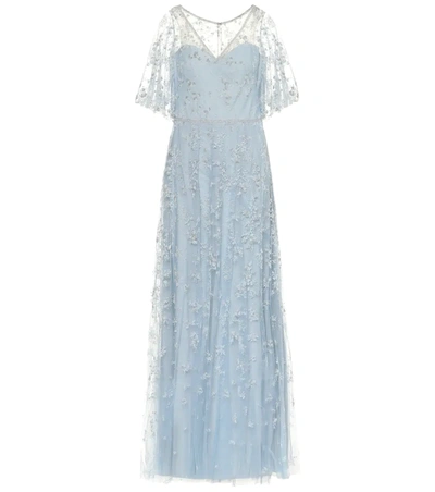 Marchesa Notte Glittered Flocked Tulle Gown In Blue