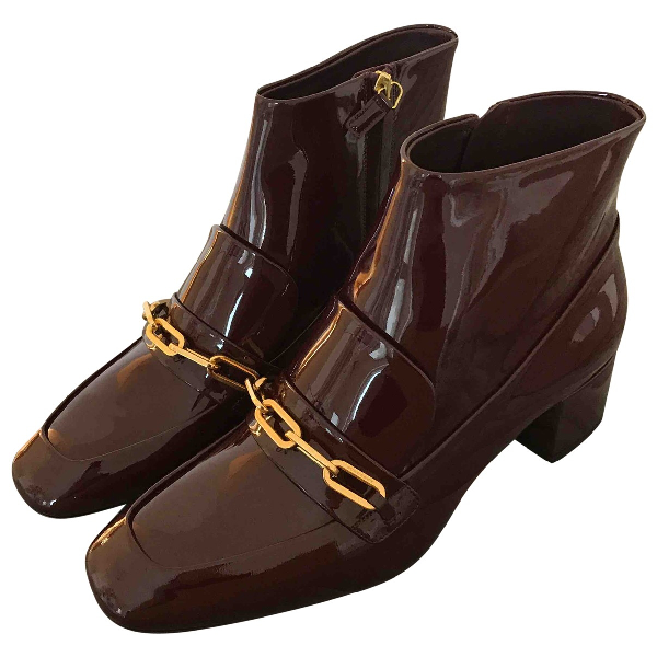 Preowned Burberry Burgundy Patent Leather Ankle Boots