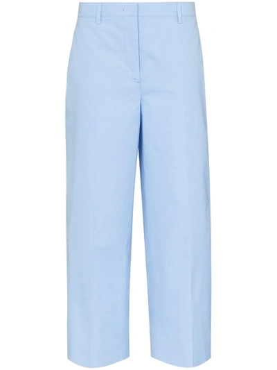 Prada Blue Wide Leg Cropped Cotton Trousers In Blau