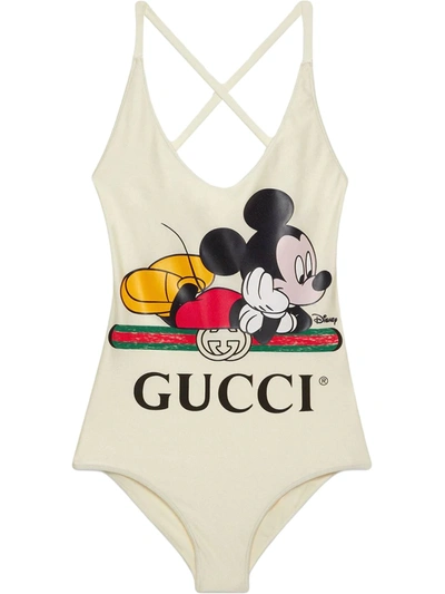 Gucci X Disney Mickey Print Swimsuit In Ivory Jersey