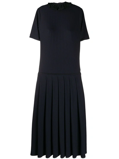 Victoria Victoria Beckham Ruffle Collar Ribbed Knit Dress In Blue
