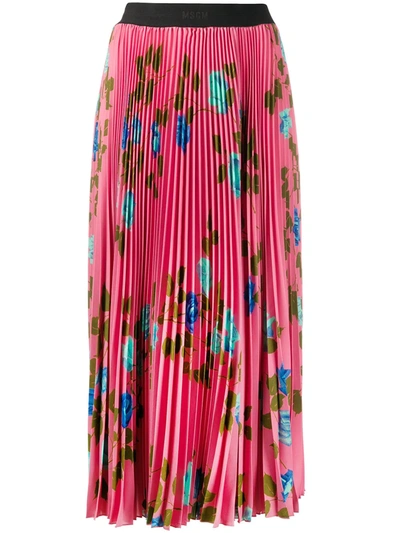 Msgm Rose-print Pleated Skirt In Pink