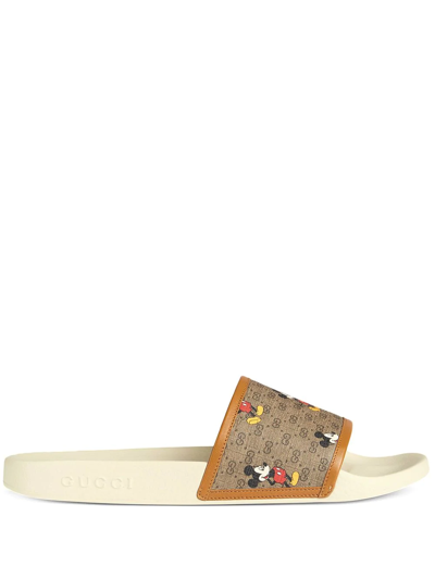 Gucci X Disney Mickey Mouse Canvas Sliders In Brown