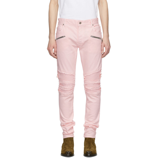 Balmain Slim Distresssed Ribbed Biker Jeans In Pink | ModeSens