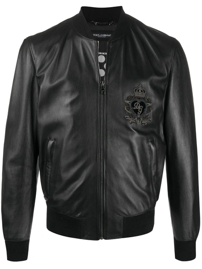 Dolce & Gabbana Dg Patch Leather Bomber Jacket In Black
