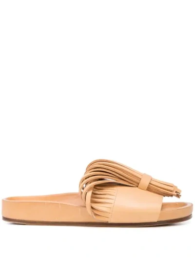 Jil Sander Fringed Leather Sliders In Neutrals