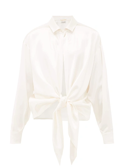 Saint Laurent Long-sleeve Drape Front Slim Satin Shirt In White