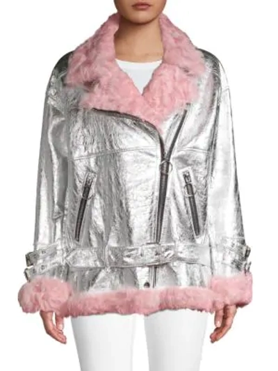 Nicole Benisti Bowery Leather & Shearling Jacket In Silver Pink
