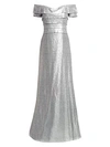 Rene Ruiz Collection Off-the-shoulder Sequin Gown In Platinum