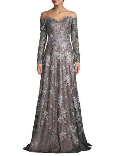 Rene Ruiz Collection Off-the-shoulder Metallic Lace &amp; Silk Gown In Pewter