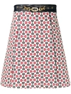 Gucci Women's Printed Cotton Canvas A-line Skirt With Leather Waist & Buckle Belt In Ivory Blue Red