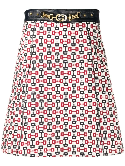 Gucci Women's Printed Cotton Canvas A-line Skirt With Leather Waist & Buckle Belt In Ivory Blue Red