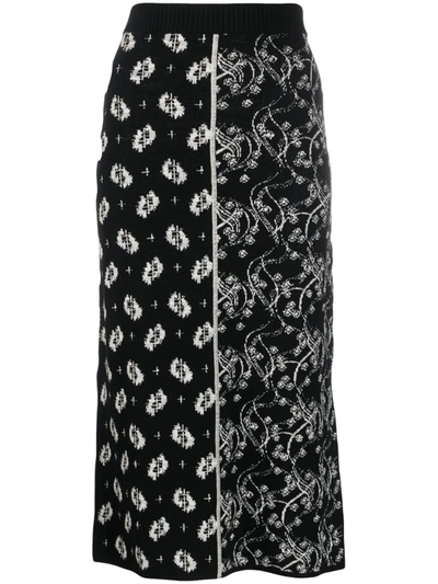 Kenzo Ornate-jacquard Split-hem Skirt In Black