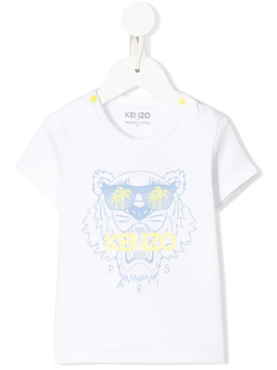 Kenzo Babies' Tiger Logo Print Side Buttoned T-shirt In White