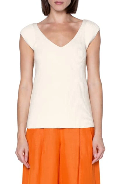 Akris Punto Ribbed V-neck Cap Sleeve Sweater In Cream