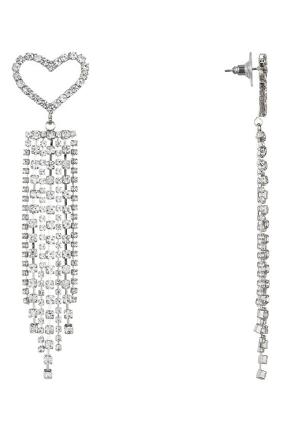 Nina Heart Fringe Earrings In Rhodium/ White Crystal