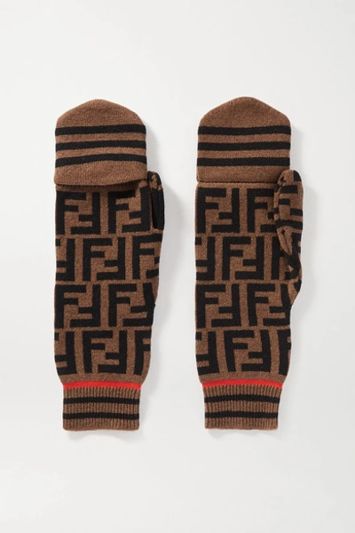 Fendi Intarsia Cashmere And Wool-blend Mittens In Brown