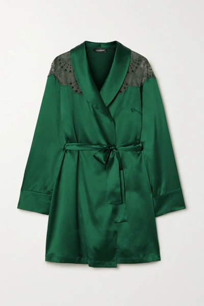 Id Sarrieri Embroidered Tulle-trimmed Silk-blend Satin Robe In Emerald