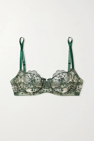 Id Sarrieri Midnight Dream Embroidered Tulle Underwired Balconette Bra In Emerald