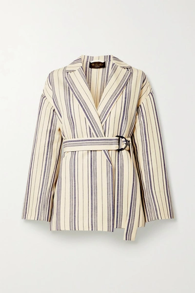 Loro Piana Belted Striped Cotton-blend Jacket In Ecru