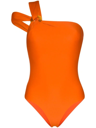 Johanna Ortiz Off-shore Embellished One-shoulder Swimsuit In Orange