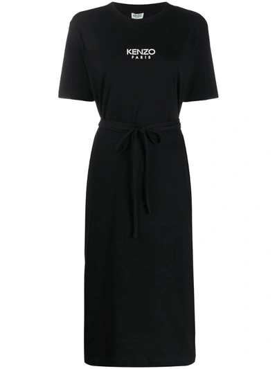 Kenzo Belted Logo-print Cotton-jersey Midi Dress In Black