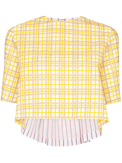 Rosie Assoulin Party In The Back Cropped Paneled Cotton-seersucker Top In Yellow